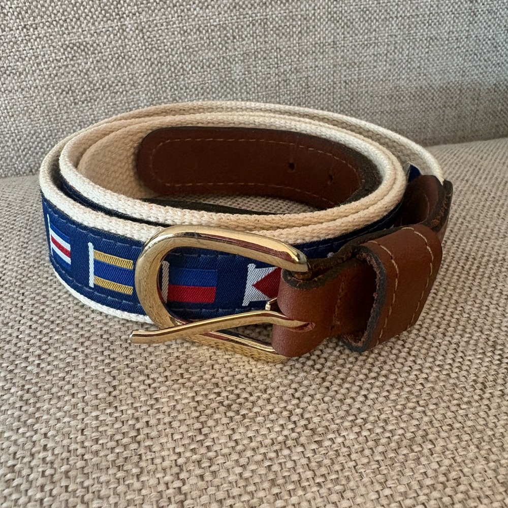 Nautical Signal Flag Canvas Belt Leather Brass Preppy Made in USA Size 40